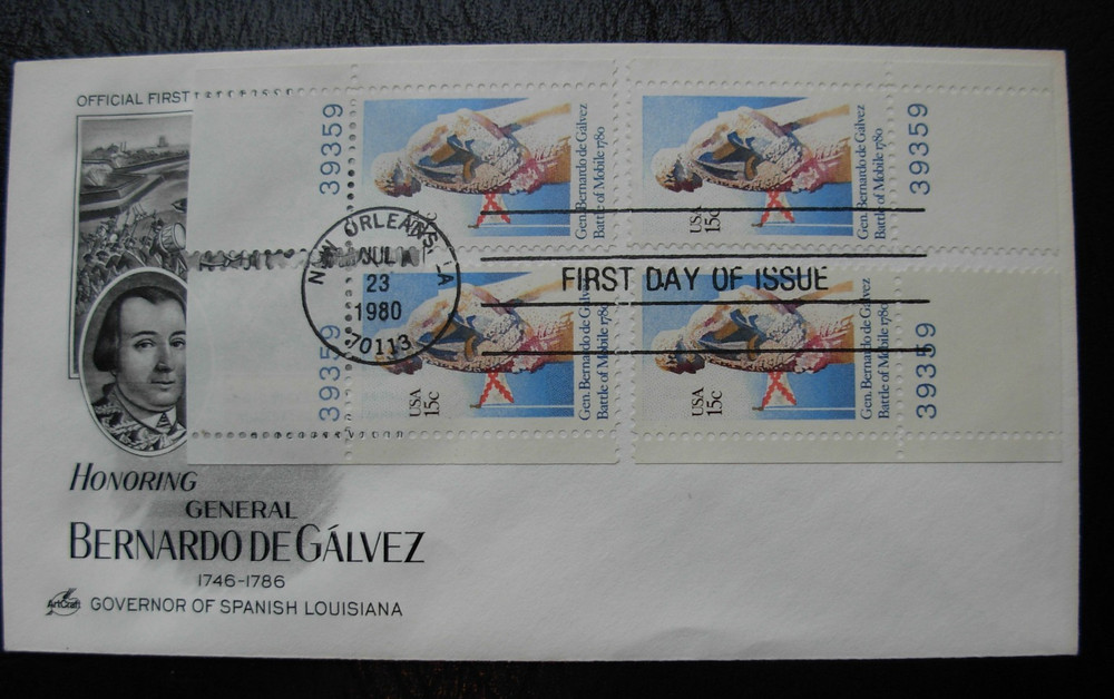 1826 Bernardo DeGalvez FDC - Matched Set Single Plate #s