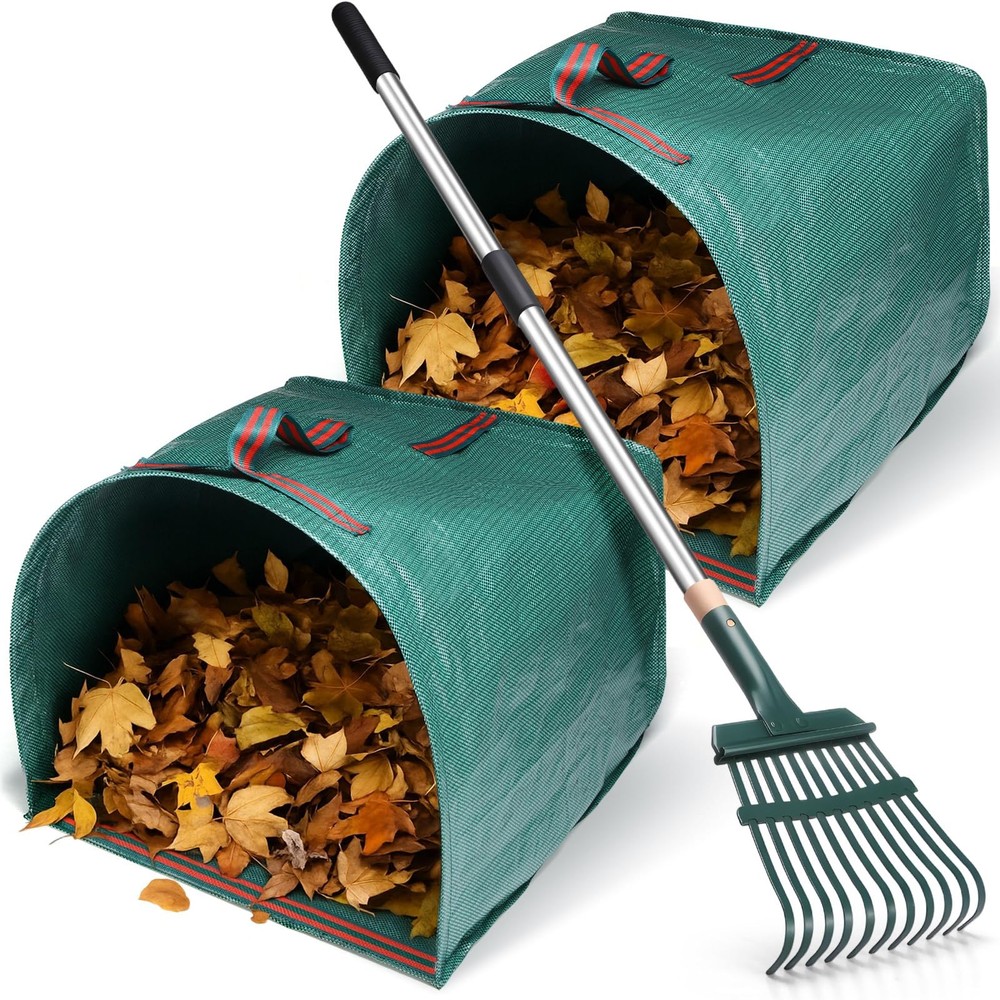 Leaf Rake with 2 Pack 40 Gallon Dustpan Type Yard Waste Bag, 30"-56" Adjustab...