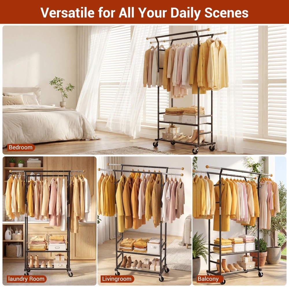 Clothes Rack with 3-Level Height Adjustment - Double Rod Extendable Hanging R...