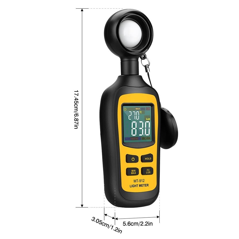 Digital Light Meter Luxmeter, 200,000 Lux Range, 4-Digit LCD, Temp Sensor