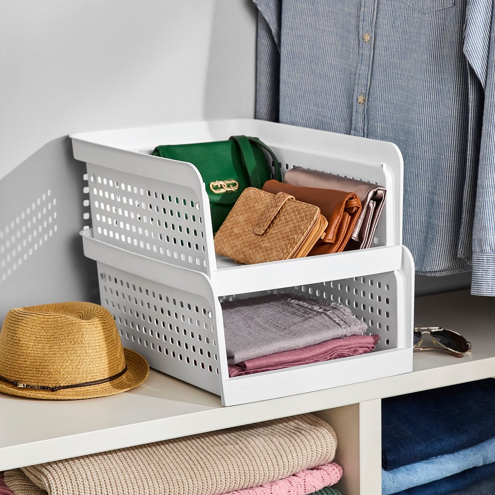 Open-Front White Plastic Stackable Closet Storage Organizer Bin W/ Breathable