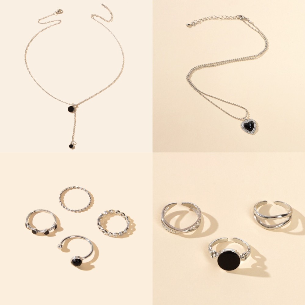 Silver Chain Disc Heart Pendant Necklace Stackable Midi Finger Multiple Rings