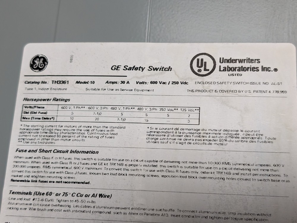 GENERAL ELECTRIC TH3361 Model 10 Safety Switch (USED).