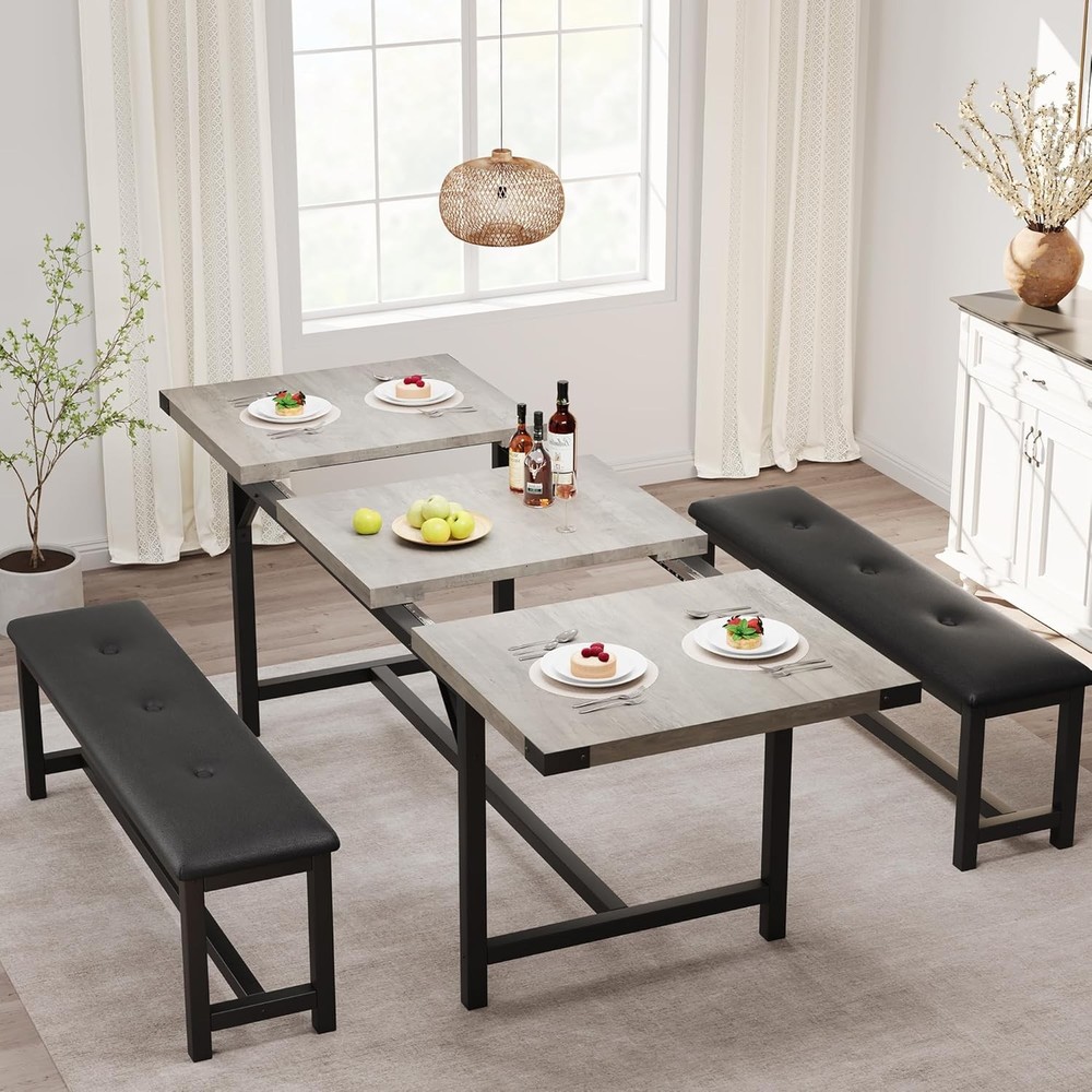 63 in Extendable Dining Table Set for 4-6 People 3-Piece Kitchen Table Set Gray