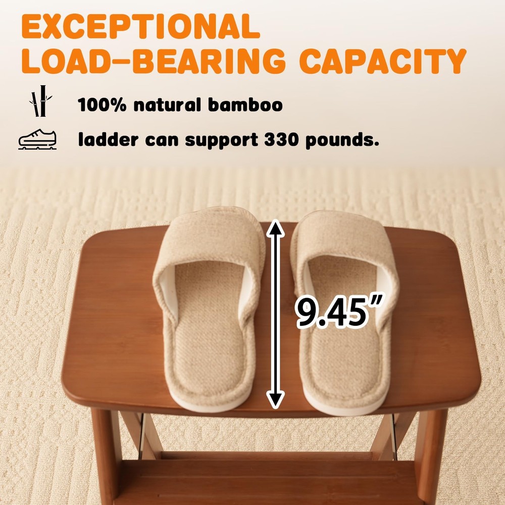 3 Step Ladder Folding Step Stool, Wooden Step Stool Foldable, Folding Step St...