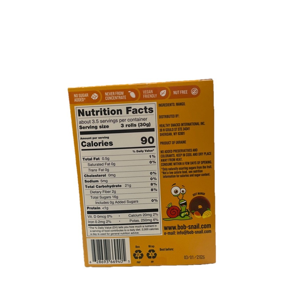 Bob Snail Fruit Roll Mango (5 Pack)