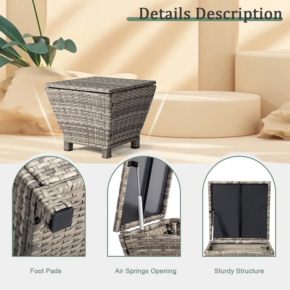 Outdoor PE Wicker Side Table with Storage, Small Patio Storage Bin Container