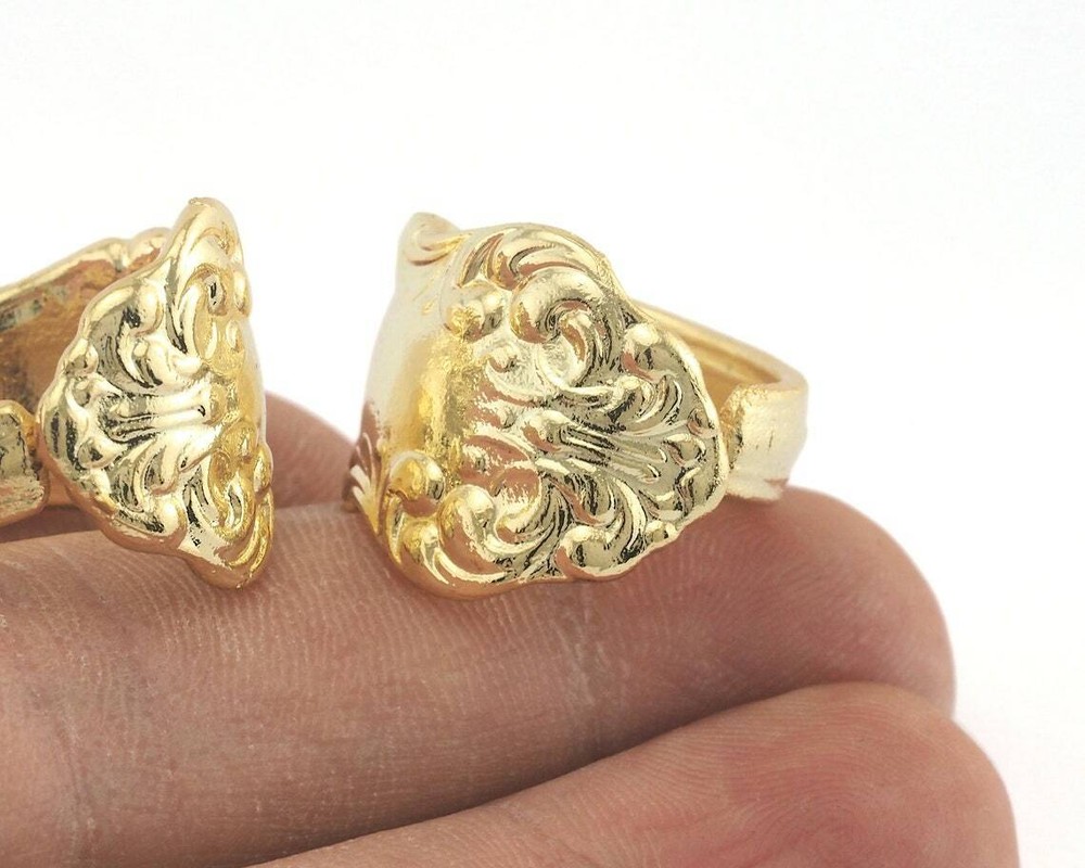 Spoon Ring Flower Patterned Adjustable Ring Gold Plated Brass 17.5mm 7US 2692