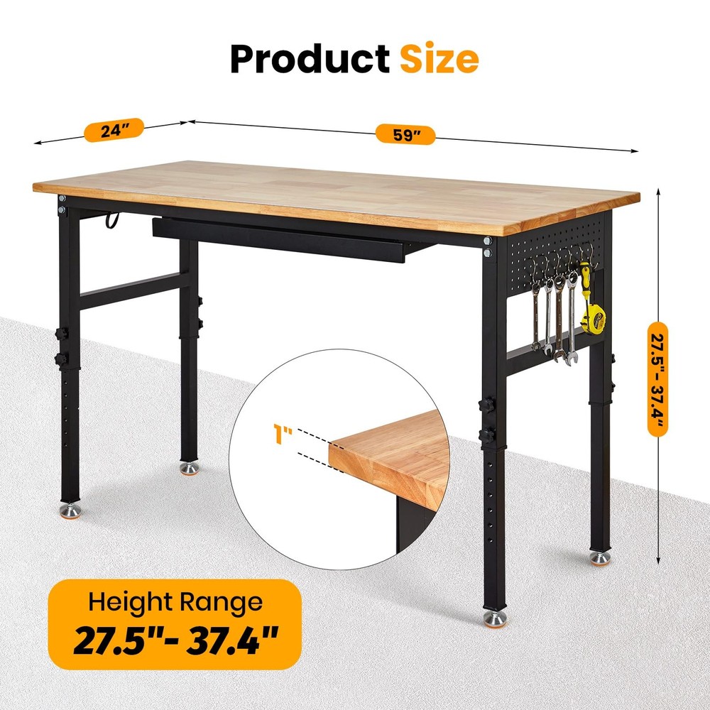 60" Adjustable Workbench w/ Drawer, Work Table w/ Power Outlet for Garage Office