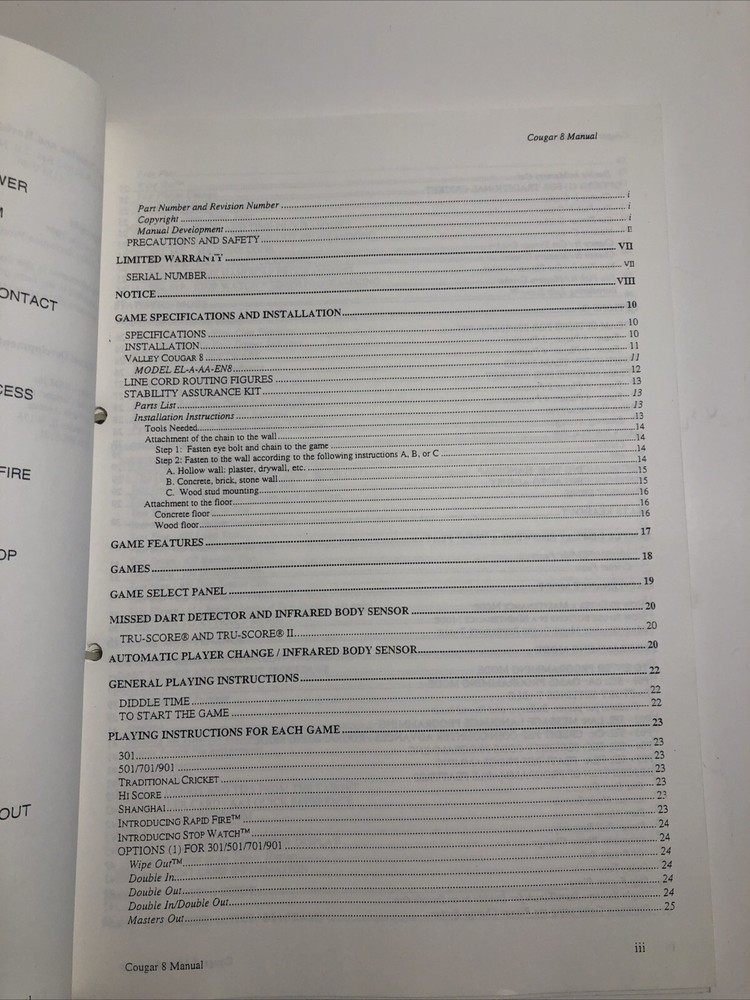 VALLEY COUGAR 8 DARTS MANUAL ARCADE Wiring