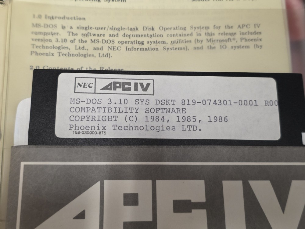 Vintage NEC APC IV Advanced Personal Computer MS-DOS 3.1 Guide & Floppy Disk