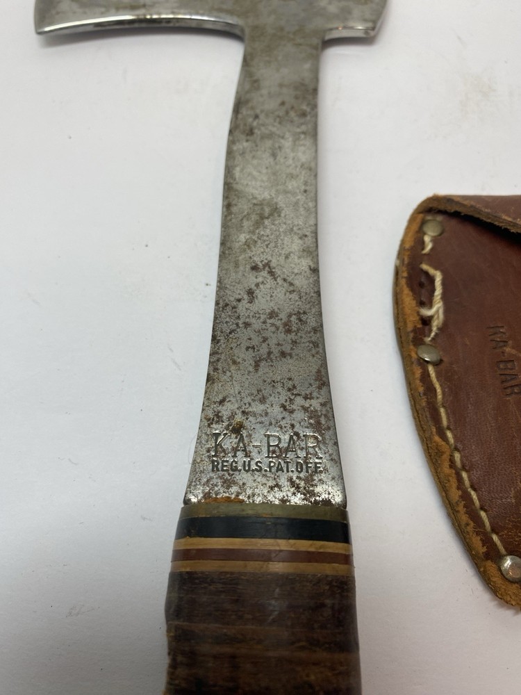 Vintage Ka-Bar Stacked Leather Handle Hatchet With Brown Sheath