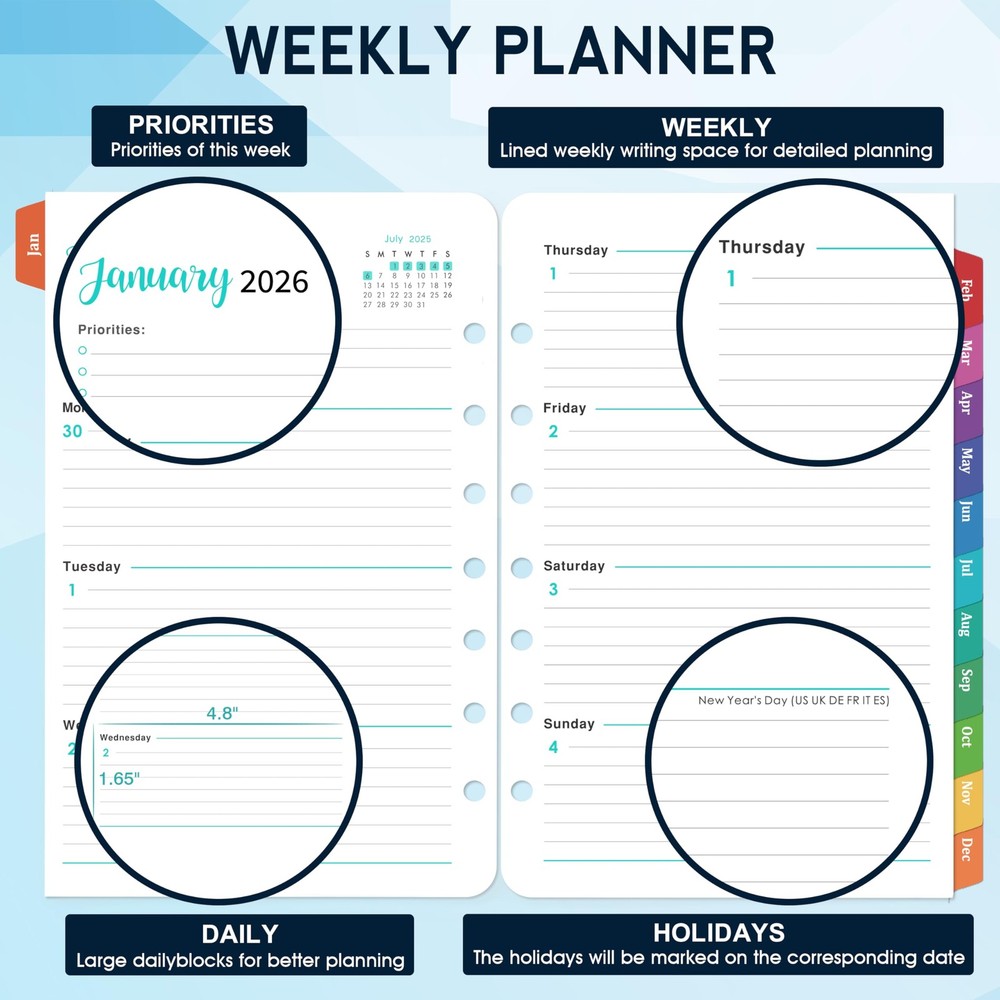 2026 Planner Refills - A5 Inserts with 7-Hole Punched, JAN A5, Blue