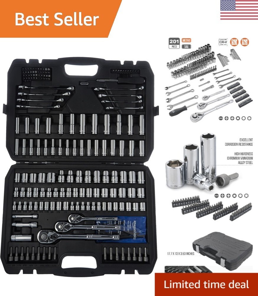 201-Piece Socket Set - Metric & SAE Sizes - Chrome-Vanadium Steel - Durable Case