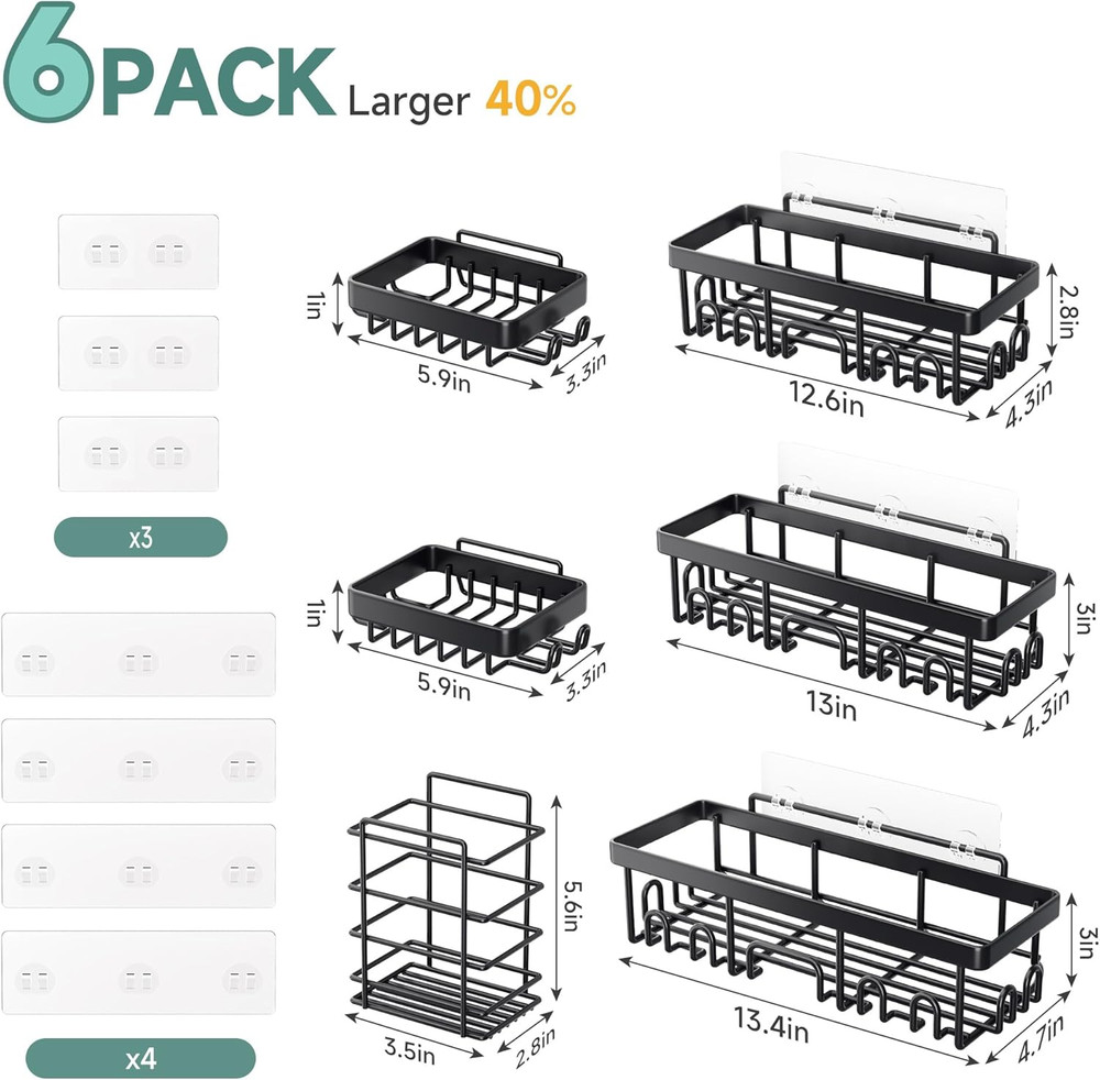 Shower Caddy 6-Pack, Advanced Rustproof Design, No Drilling Adhesive Shelves