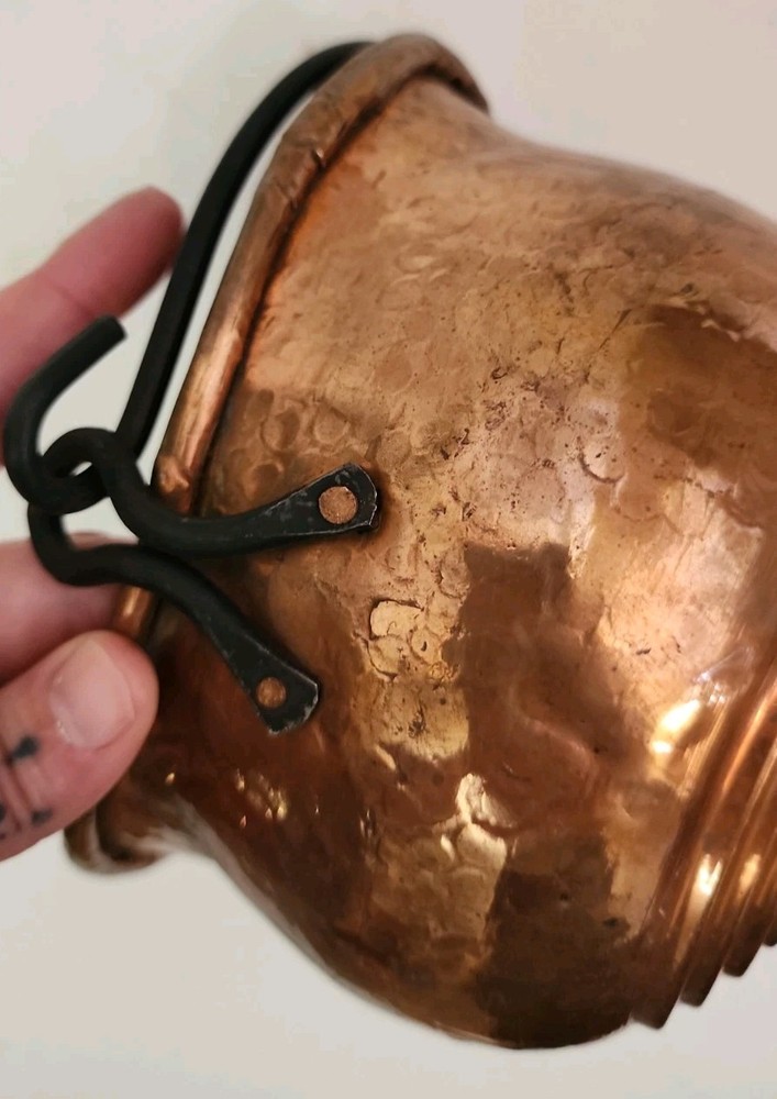 Hammered Copper Pot Hanging Cauldron Rustic Primitive Decor Black Iron Handle