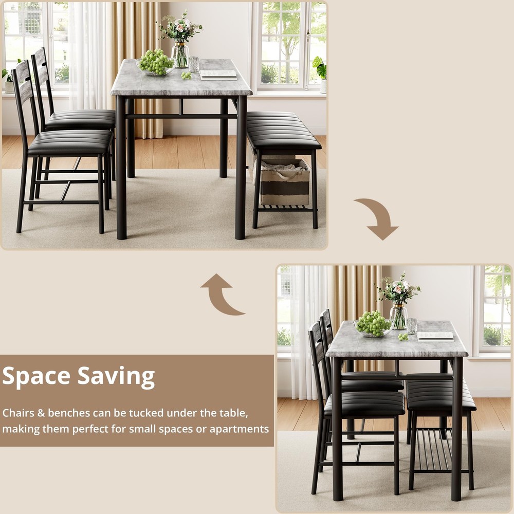 Dining Table Set for 4, Kitchen Table with Upholstered Bench and 2 Chairs, Ki...