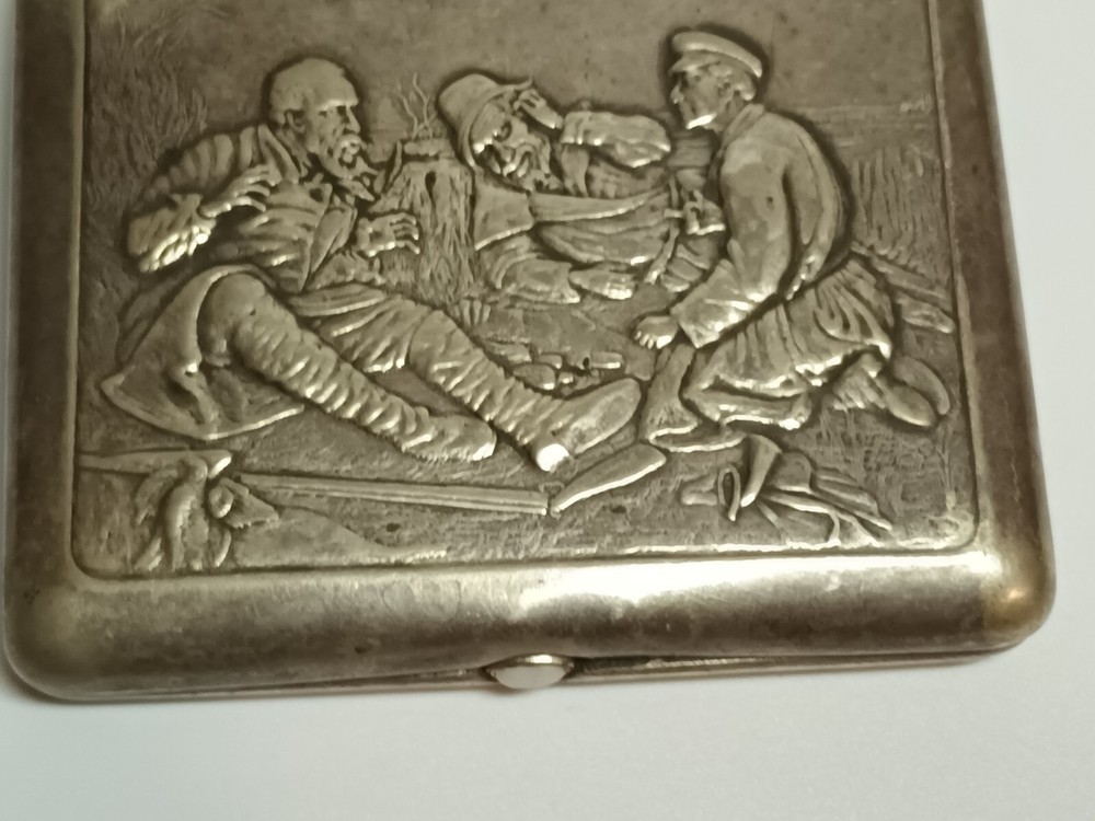 Vintage USSR Cigarette Case Hunters at Rest, Cupronickel