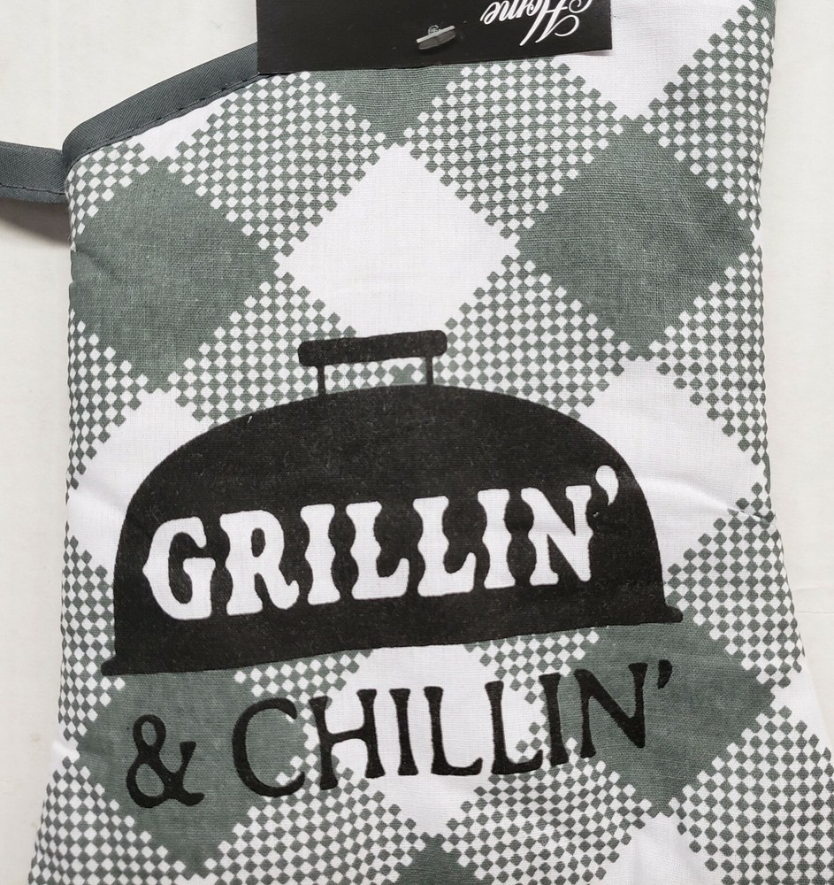 Kitchen Fabric 13" Oven Mitt, BBQ, GRILLIN' & CHILLIN', with gray back, GR