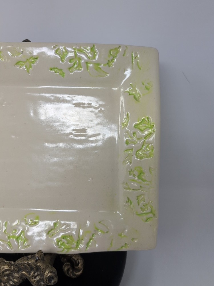 Studio Pottery Rectangle Platter Cherly Glenn Embossed Leaves Cream 12.5x9"