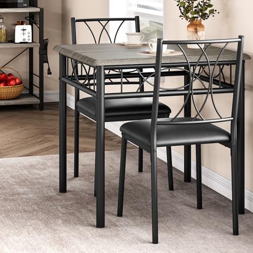 Small Dining Table Set for 2, Table with 2 Upholstered Chairs Rustic Gray