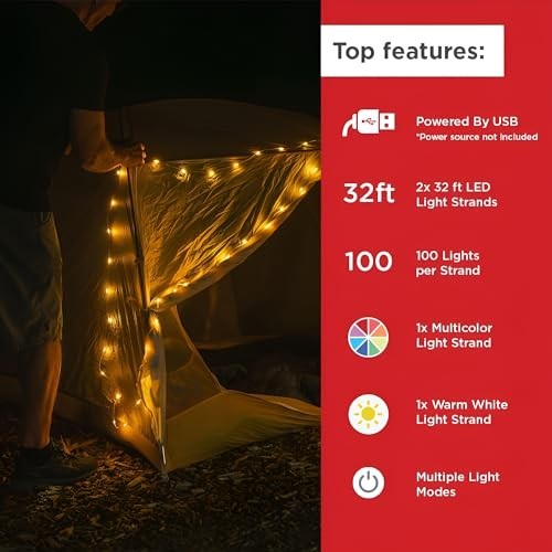 LED String Lights - 2-Pack of 32ft USB Lights with 100 LED Bulbs per Strand -
