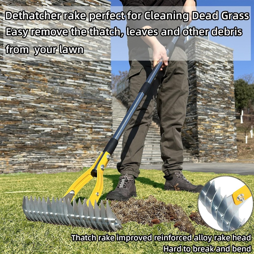 Thatch Rake 15 Inch Wide Efficient Dethatcher Rake for Cleaning Dead Grass, C...
