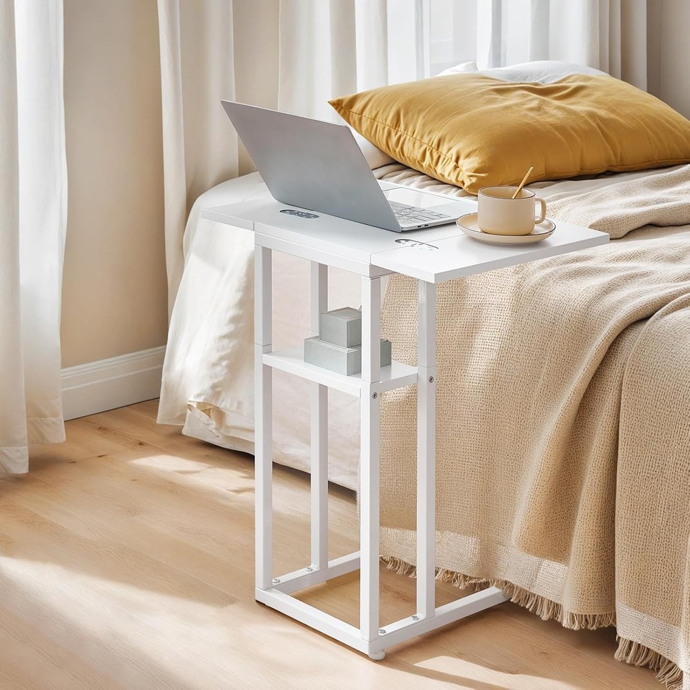 Small Snack Table Foldable End Table C Shaped Side Table W/ Storage Shelf