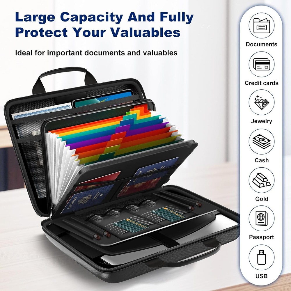 Fireproof Document Box with Lock 13 Pockets Waterproof Hard Case File Organizer