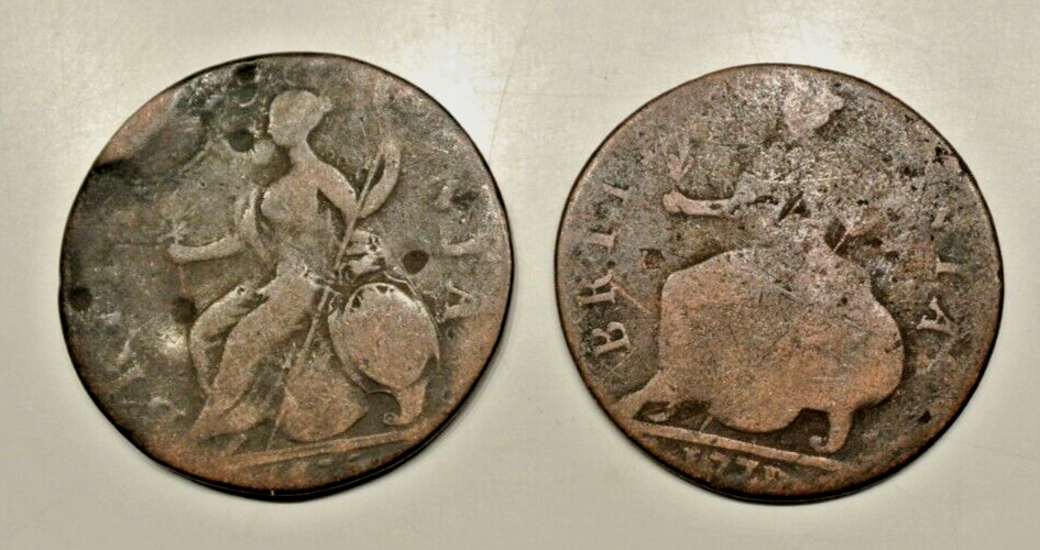 Halfpenny 1775 2 coins  7 GR  et 5gr60