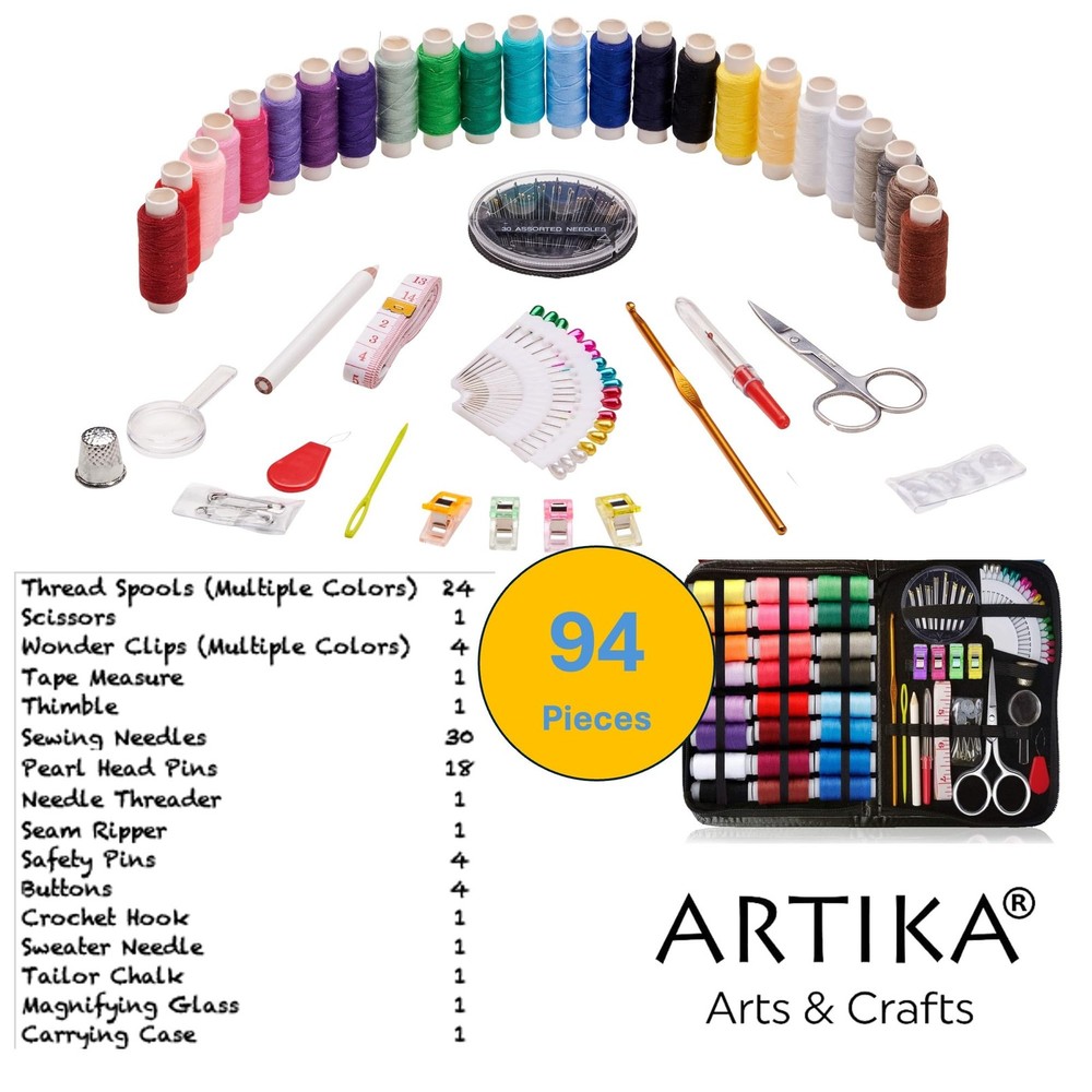Sewing Kit: 94 PCS Beginner Set w/Thread, Needles, Scissors, Thimble, Clips