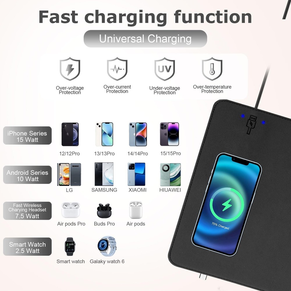 Wireless Charging Mouse Pad Firelison 2 in 1 Leather Multifunctional Office D...