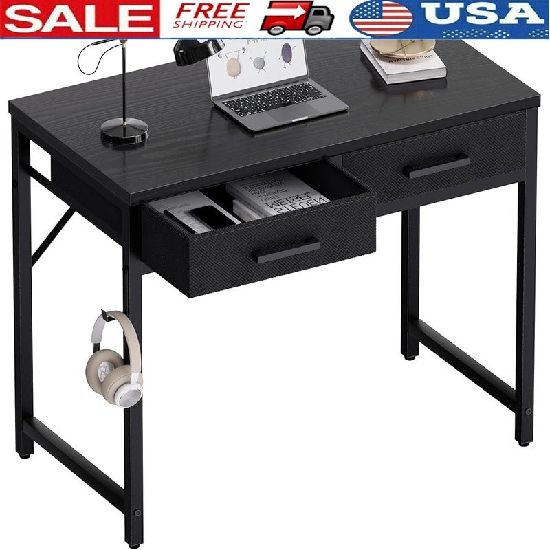 Compact Computer Desk W/ Storage Drawers Small Spaces Home Office Study Black