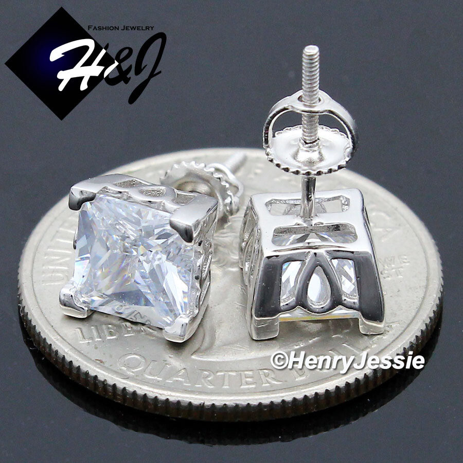 MEN WOMEN SOLID 925 STERLING SILVER ICY BLING CZ 8MM SQUARE 3D STUD EARRING*E224