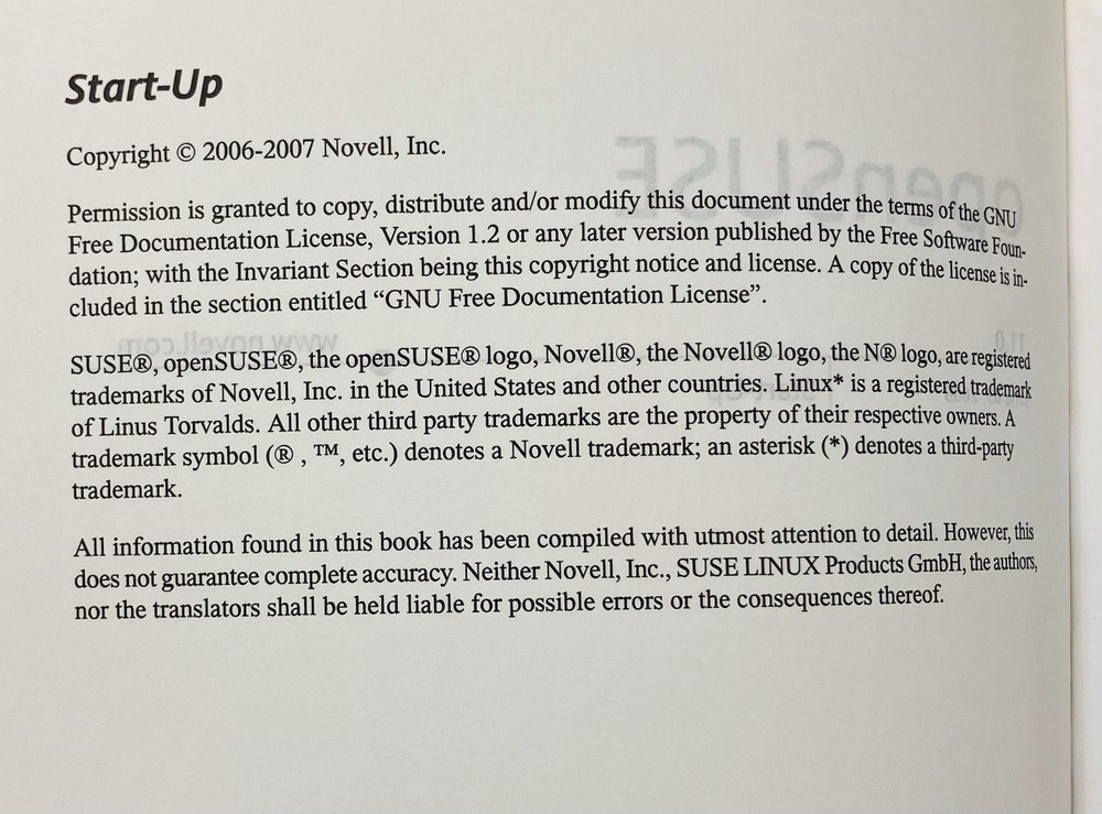 openSUSE 11.0 Start-Up Guide Softcover Linux Novell (2008) Reference Manual, VG+