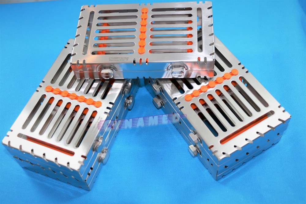 5EA GERMAN DETACHABLE STERILIZATION TRAYS WITH DOUBLE BUTTON FOR 7 INSTRUMENTS