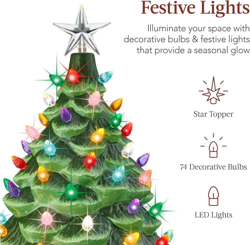 24"Extra Large Ceramic Christmas Tree Pre-Lit Hand-Painted Tabletop Holiday Tree