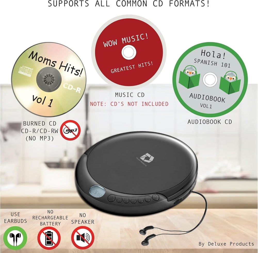 CD Player Portable with 60 Second Anti Skip, Stereo Earbuds, Includes Black