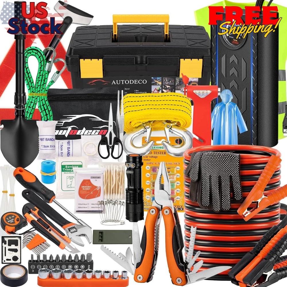 98 PCS Roadside Car Emergency Assistance Kit with Portable Air Compressor ...