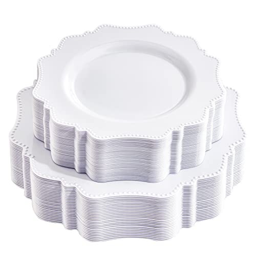 60PCS Plastic Plates for 30 guests-Fancy Plastic Beaded Plates,Plastic White