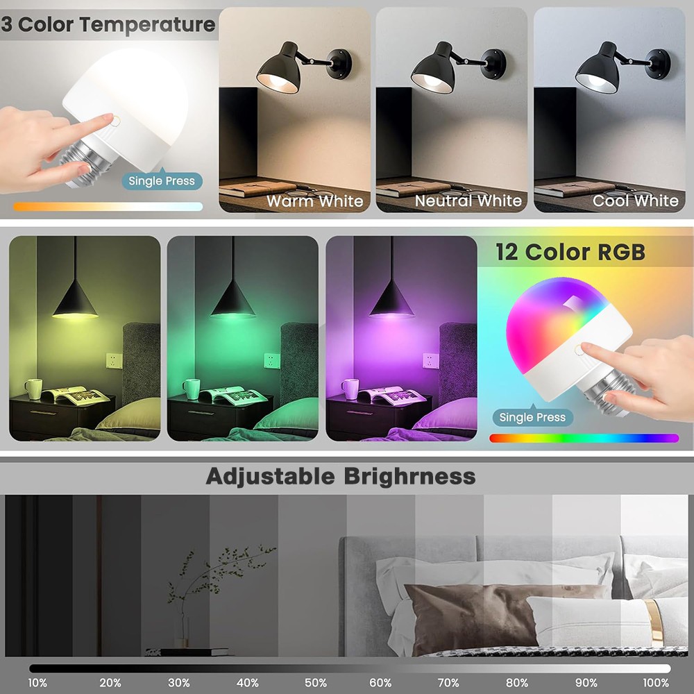 2PK Dimmable Light Bulbs Rechargeable Remote Control Battery Operated Light Bulb