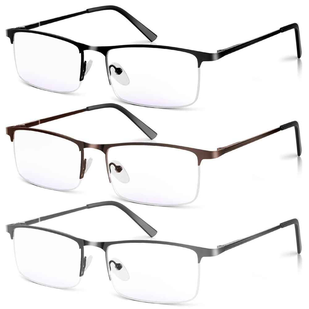 3 Pack Blue Light Blocking Reading Glasses for Men, Stylish Half Frame Metal ...