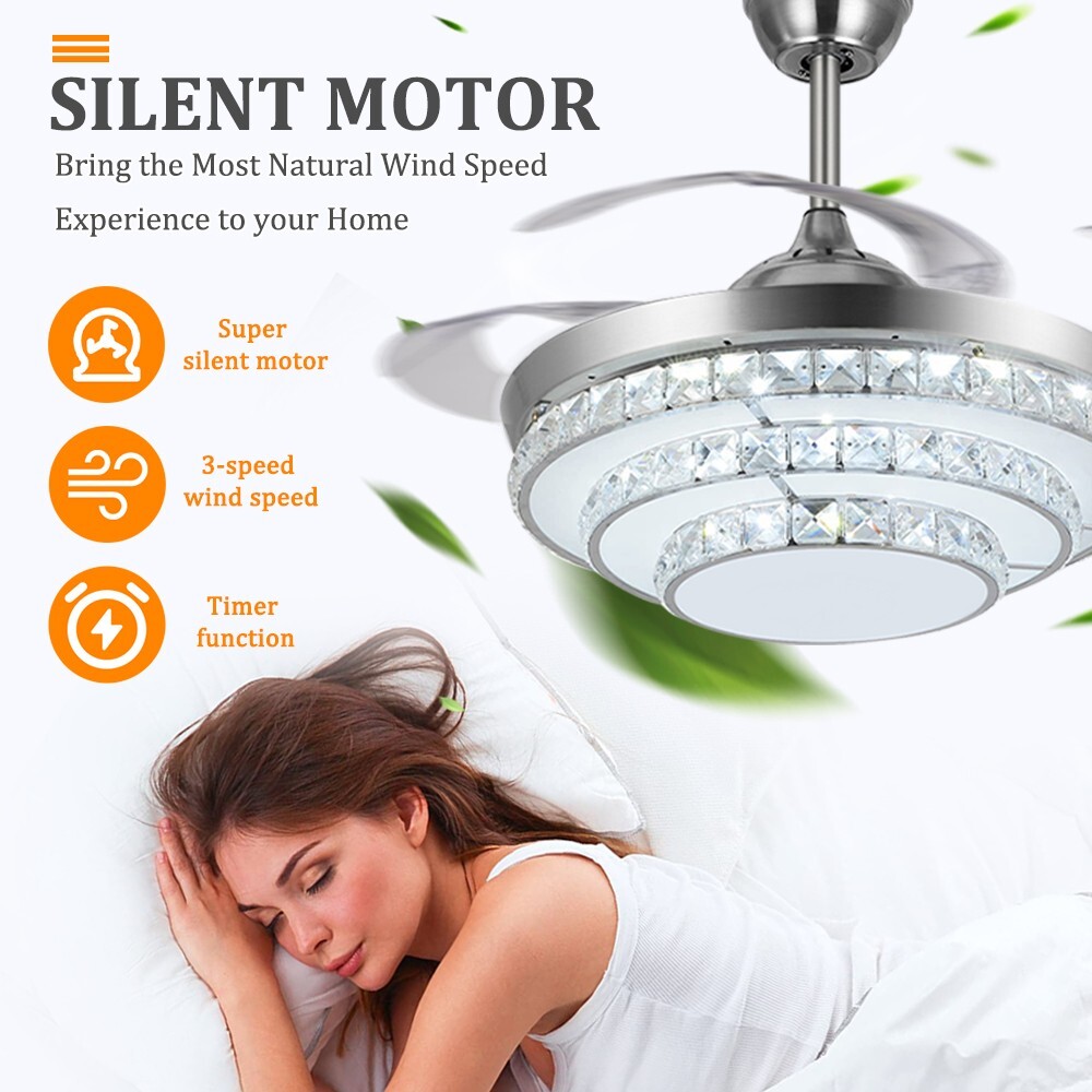 42 inches Silver 3-Ring Crystal Fan Ceiling Light