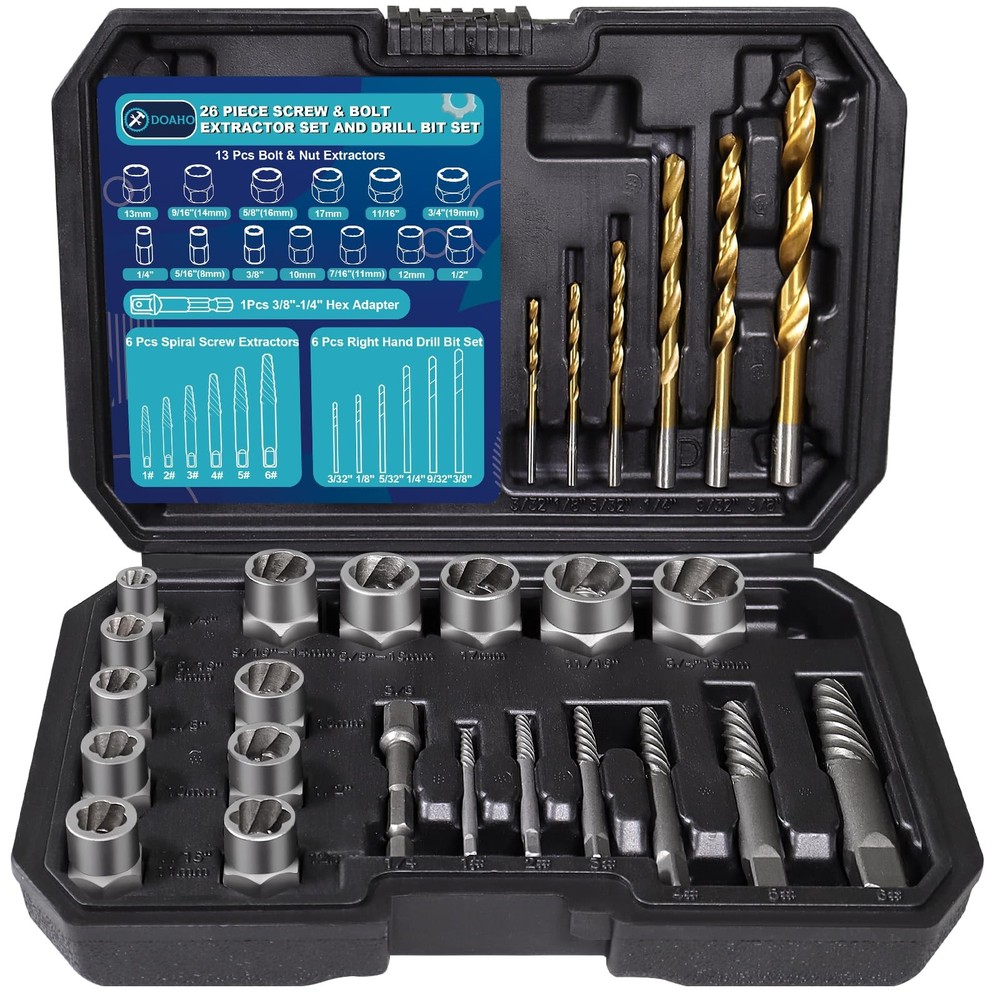 DOAHO 26PCS Bolt & Screw Extractor Set with Drill Bits, SAE/Metric Removal Kit