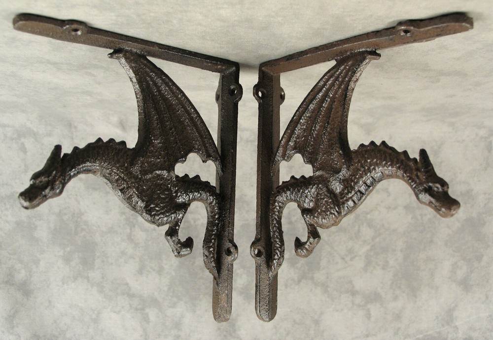 2 GOTHIC DRAGON Cast Iron Shelf BRACKETS Architectural WALL CORNER BRACKETS