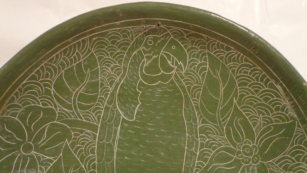 VINTAGE CHALKWARE POTTERY PLATE BOWL ETCHED ENGRAVED PARROT PATTERN GREEN SAGE
