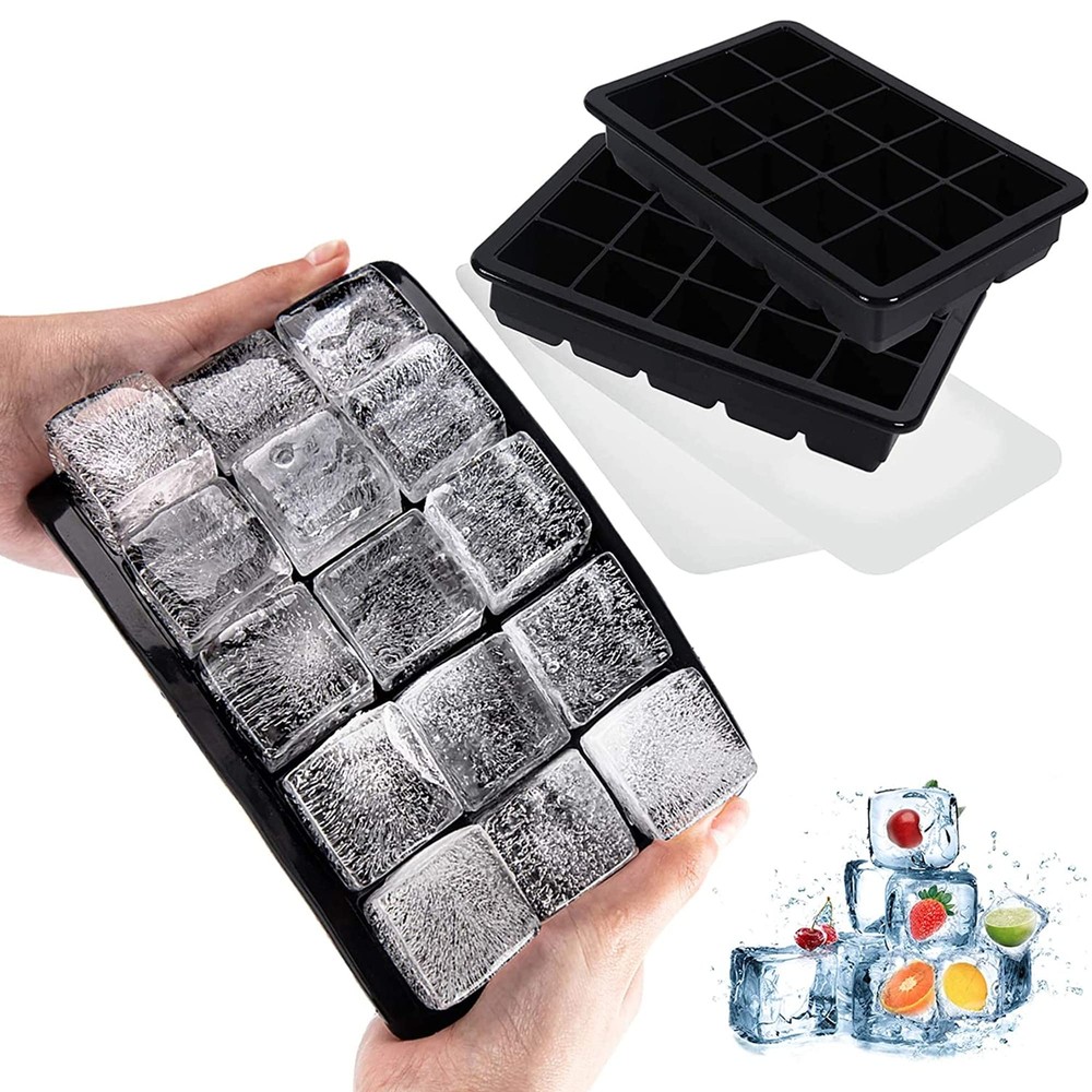 2 Pack 15-Cavity Silicone Ice Cube Trays Square Ice Cube Molds with Lids