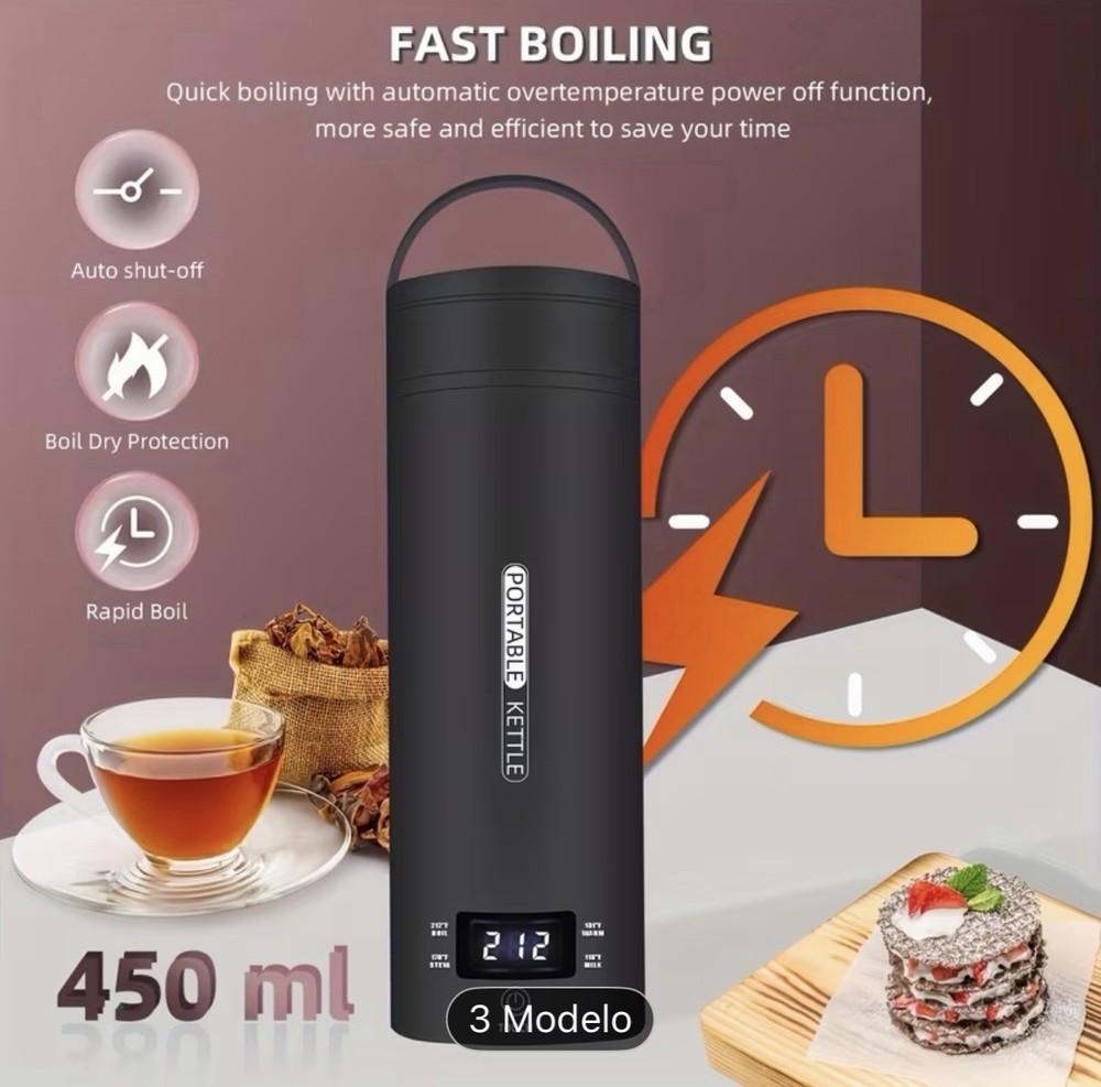 Portable Cordless Electric Kettle 450ml Black Temp Control, Auto Shut-Off