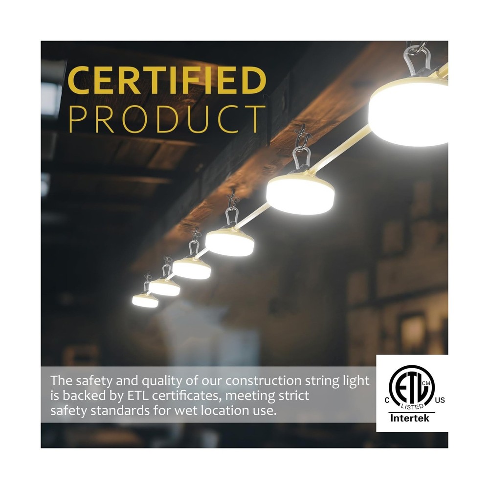 LED Construction String Lights 100FT, 10000 LM, 5000K Daylight LED String Wor...