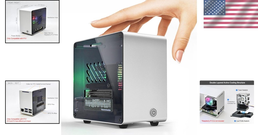 Mini Tower Case with RGB Fan for Raspberry Pi 5 - Silver